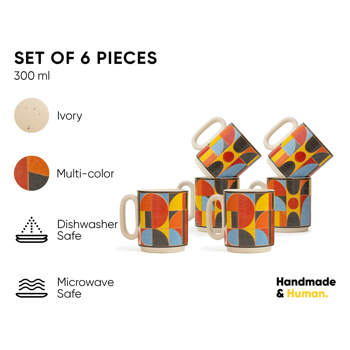 Set of six patterned mugs with color options and safety features on a white background.