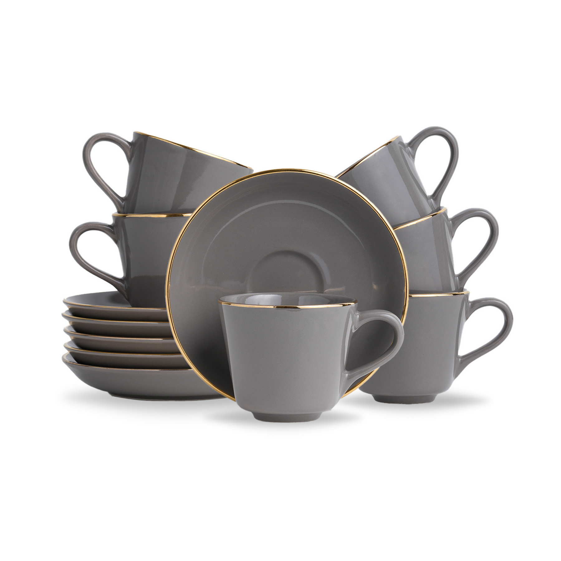 Shay Ceramic Tea Cup & Saucer Set – Set of 6 | Grey with Real Gold Line | 180ml
