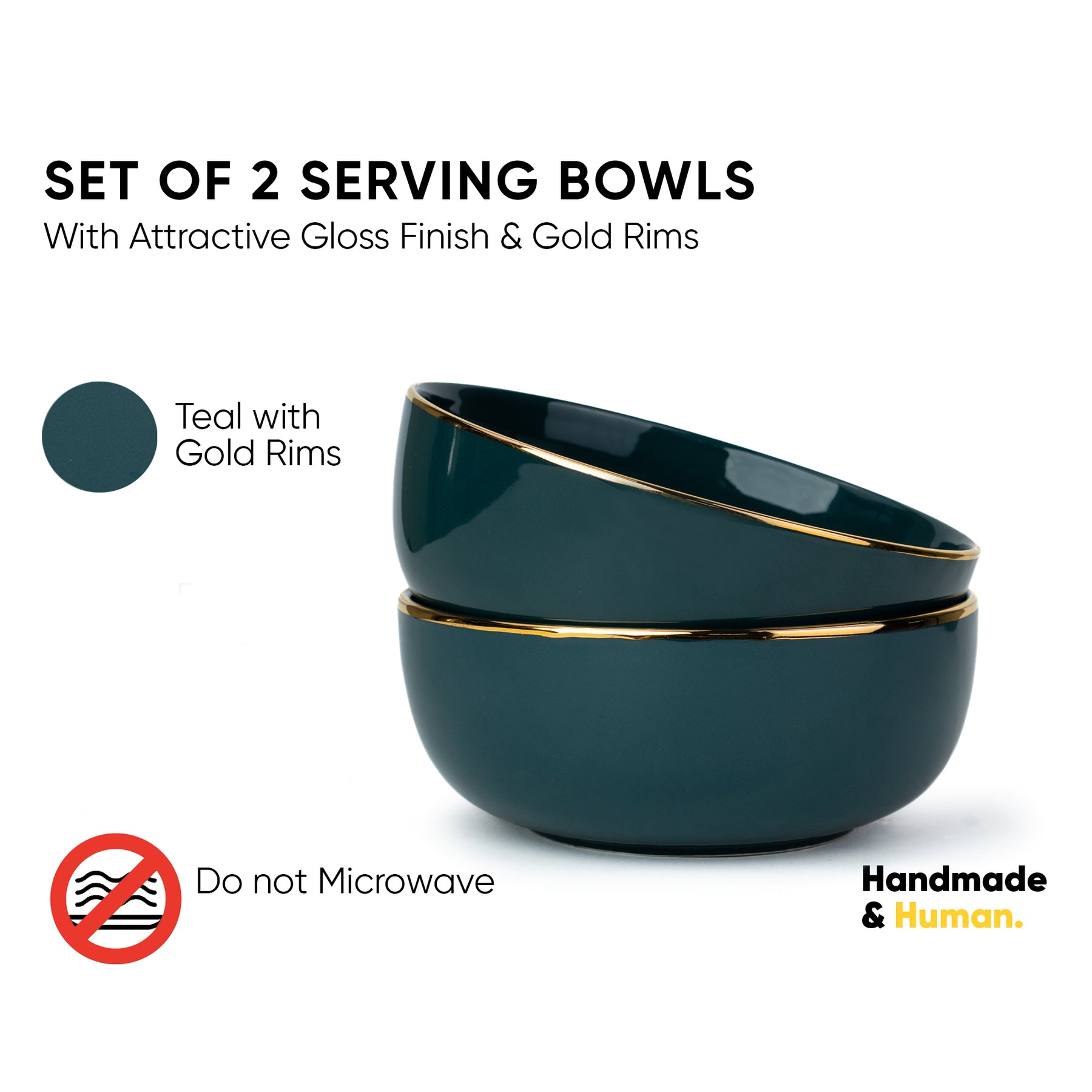 Ceramic Medium Serving Bowls Set, 1000ml, 2 Piece, Teal Gold | Glossy Finish | Gold Line Collection