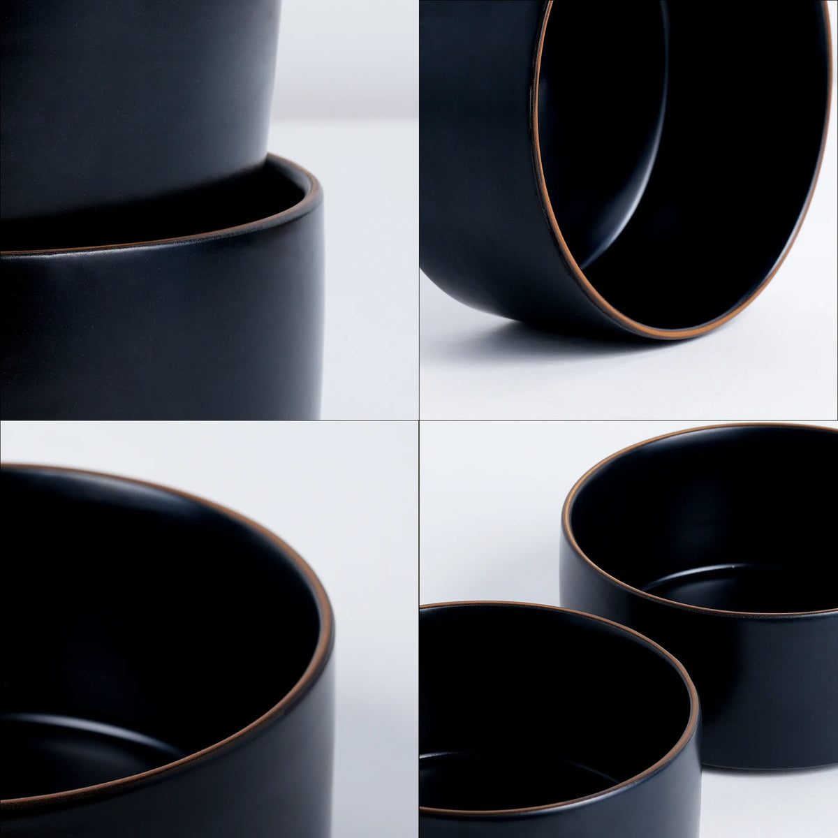 Collage of black ceramic bowls on a light gray background