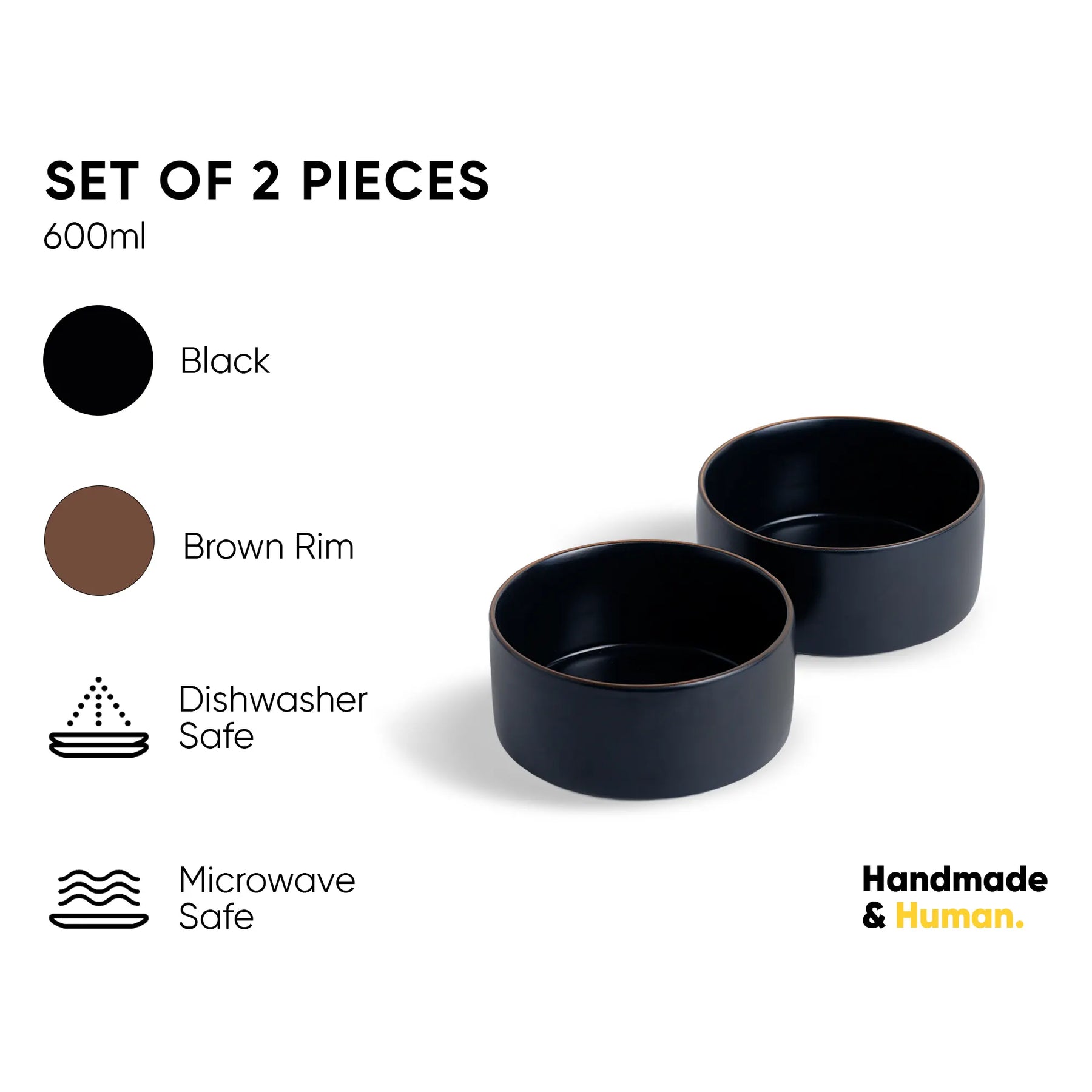 Set of two black bowls with brown rim on a white background, featuring product details and 'Handmade & Human' branding.