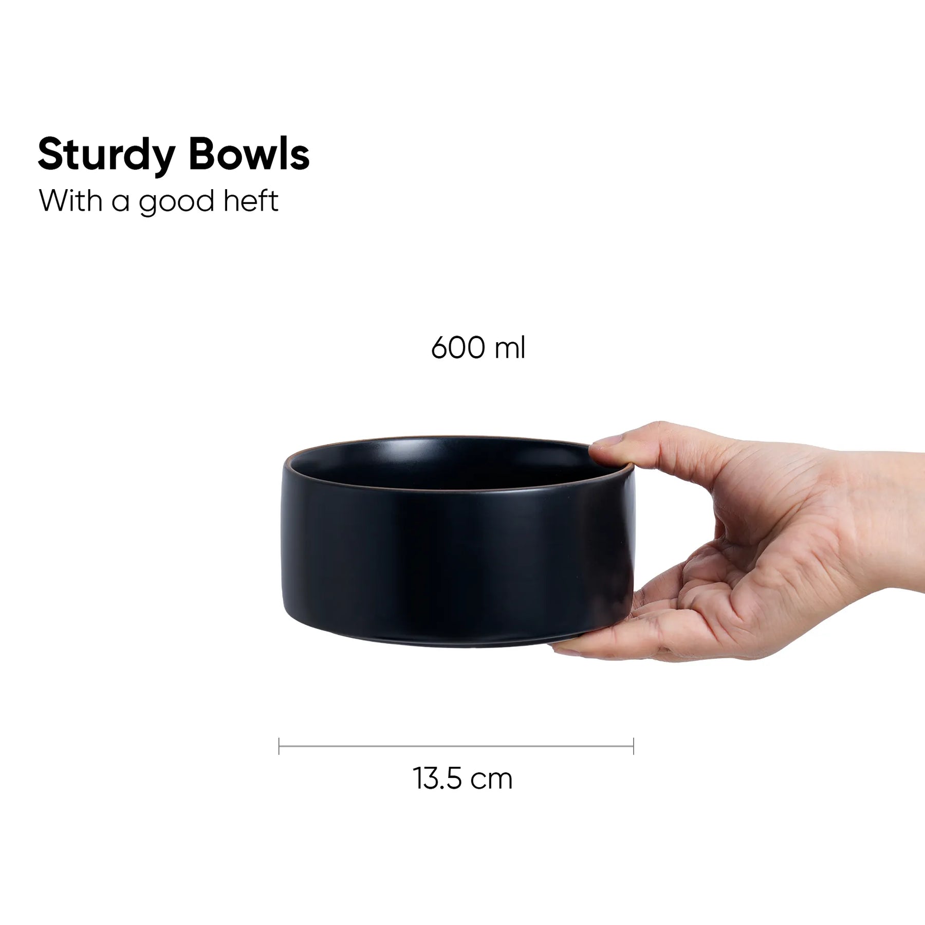 Black bowl held by a hand with text indicating capacity and dimensions on a white background