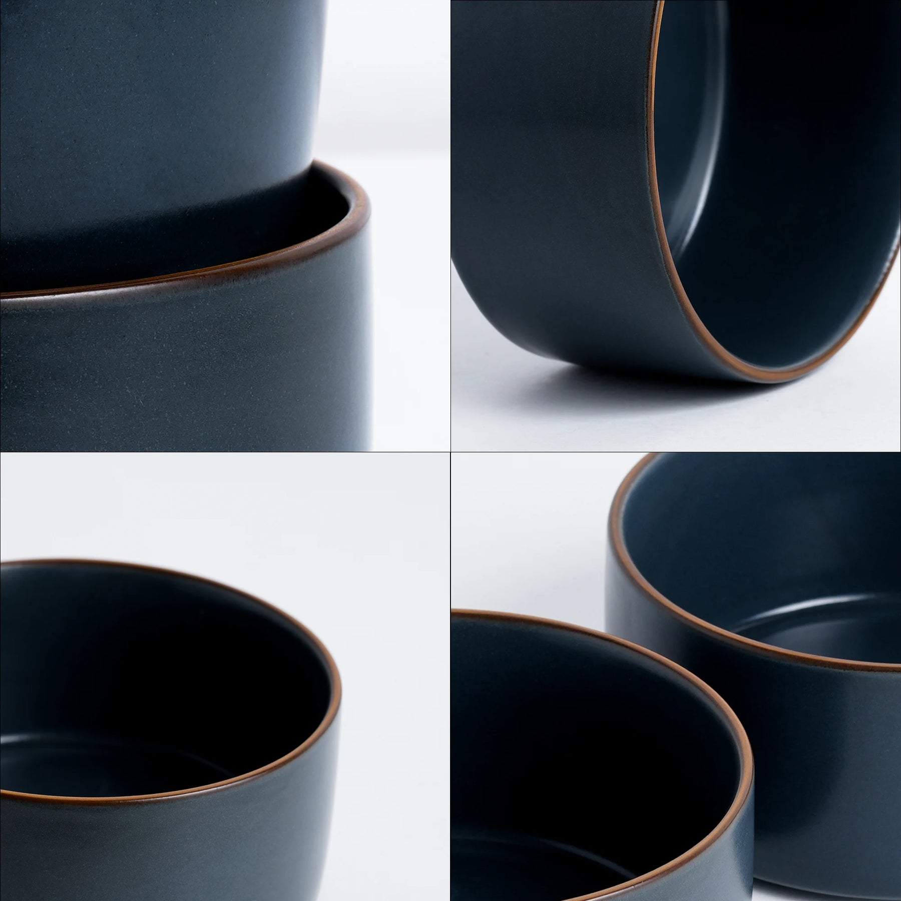 Collage of four dark blue ceramic bowls with brown rims on a light gray background