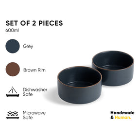 Set of two dark blue bowls with brown rims on a white background, featuring product details and branding.