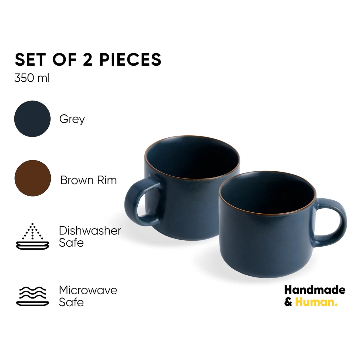 Set of two blue mugs with brown rim on a white background, featuring product details.