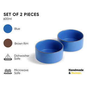 Set of two blue bowls with brown rims on a white background, featuring product details.