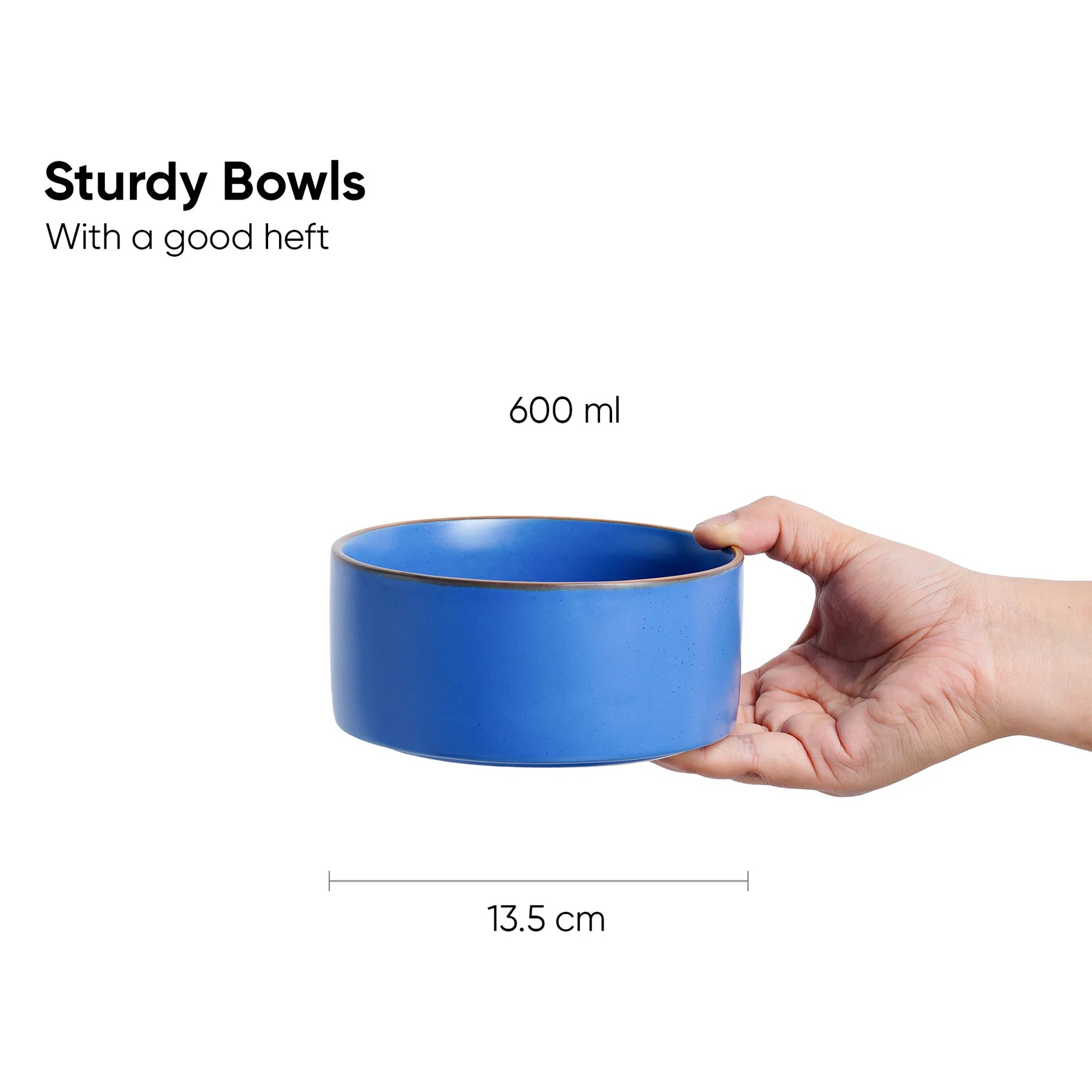 Blue bowl held by a hand with text indicating capacity and dimensions on a white background