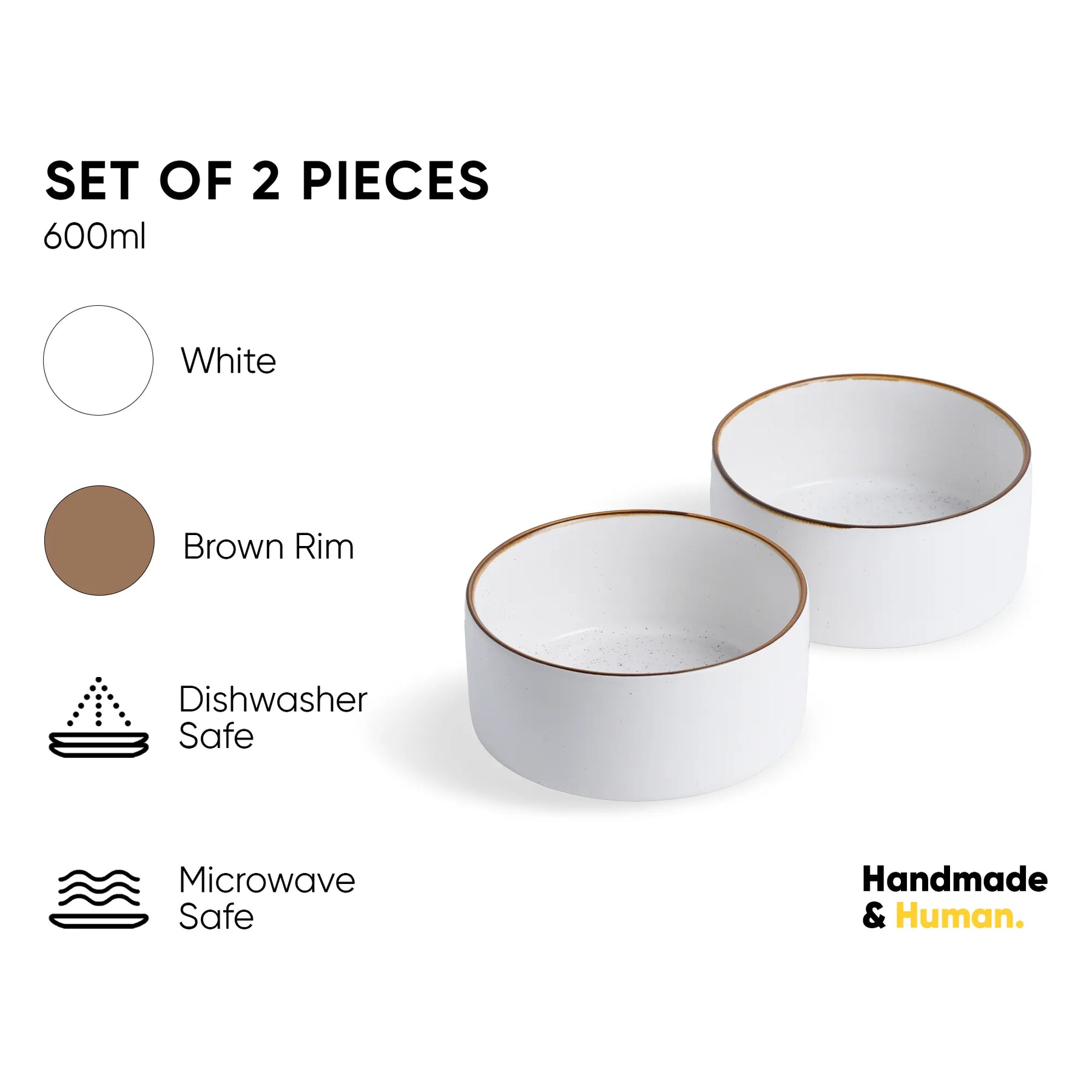 Two white bowls with a brown rim on a white background, featuring text about size, material, and safety.