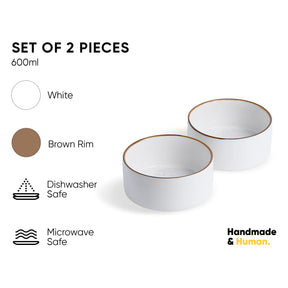 Two white bowls with a brown rim on a white background, featuring text about size, material, and safety.