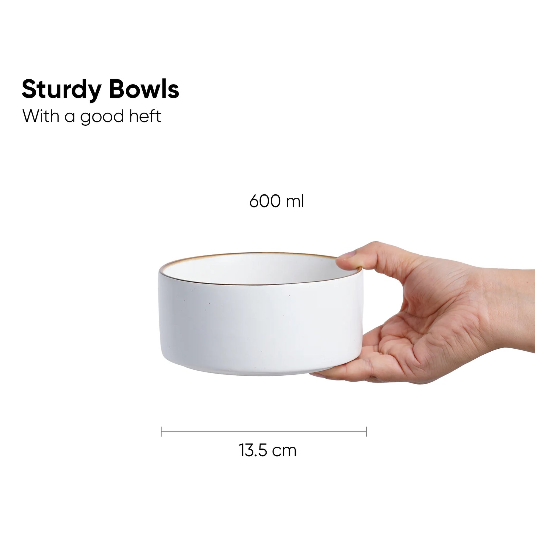 Hand holding a white bowl with text and measurements on a white background