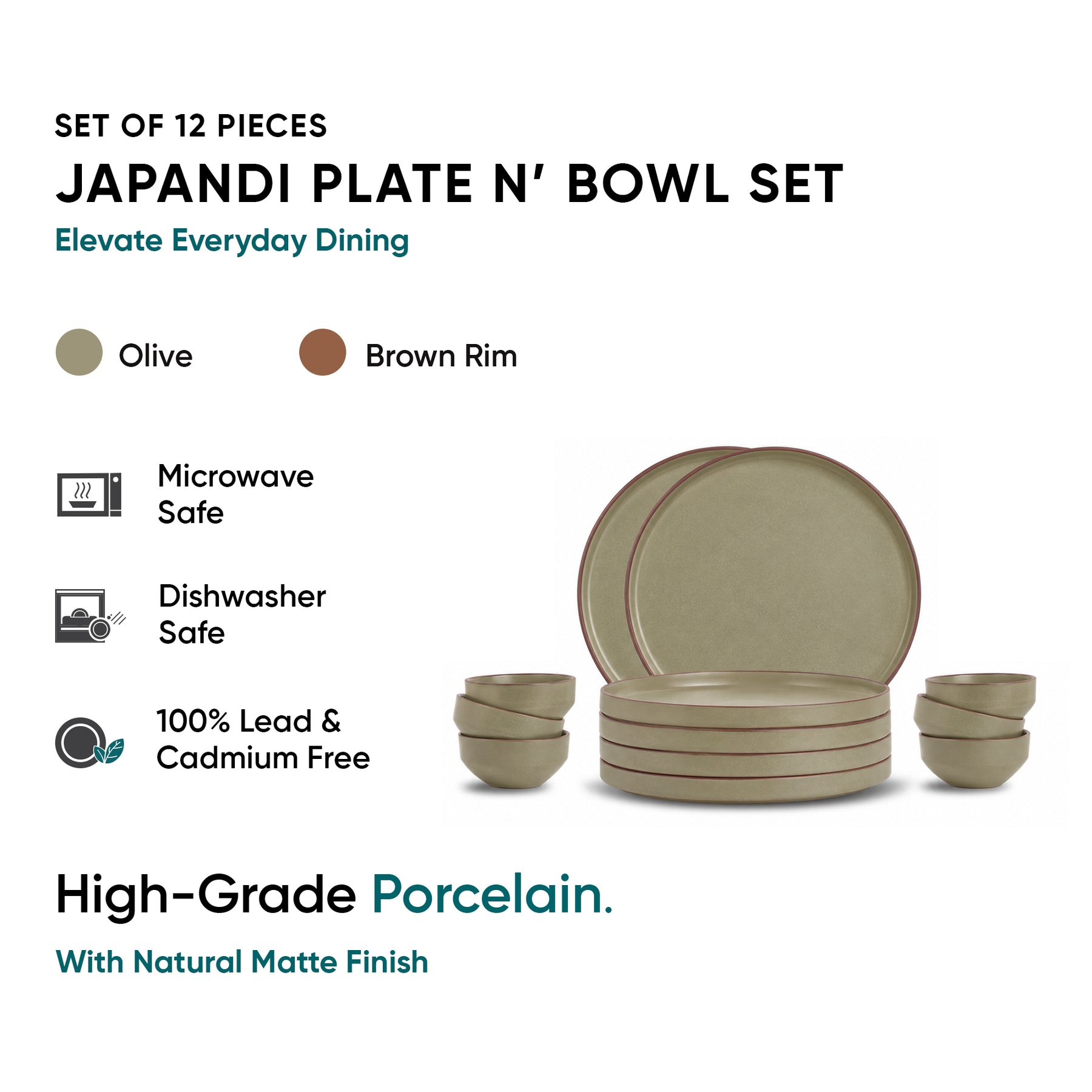 Ceramic Dinner Set | Japandi Collection | 12 Pieces | Olive | Matte Finish