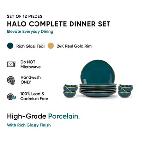 Ceramic Dinner Set | Halo Collection | 12 Pieces | Teal