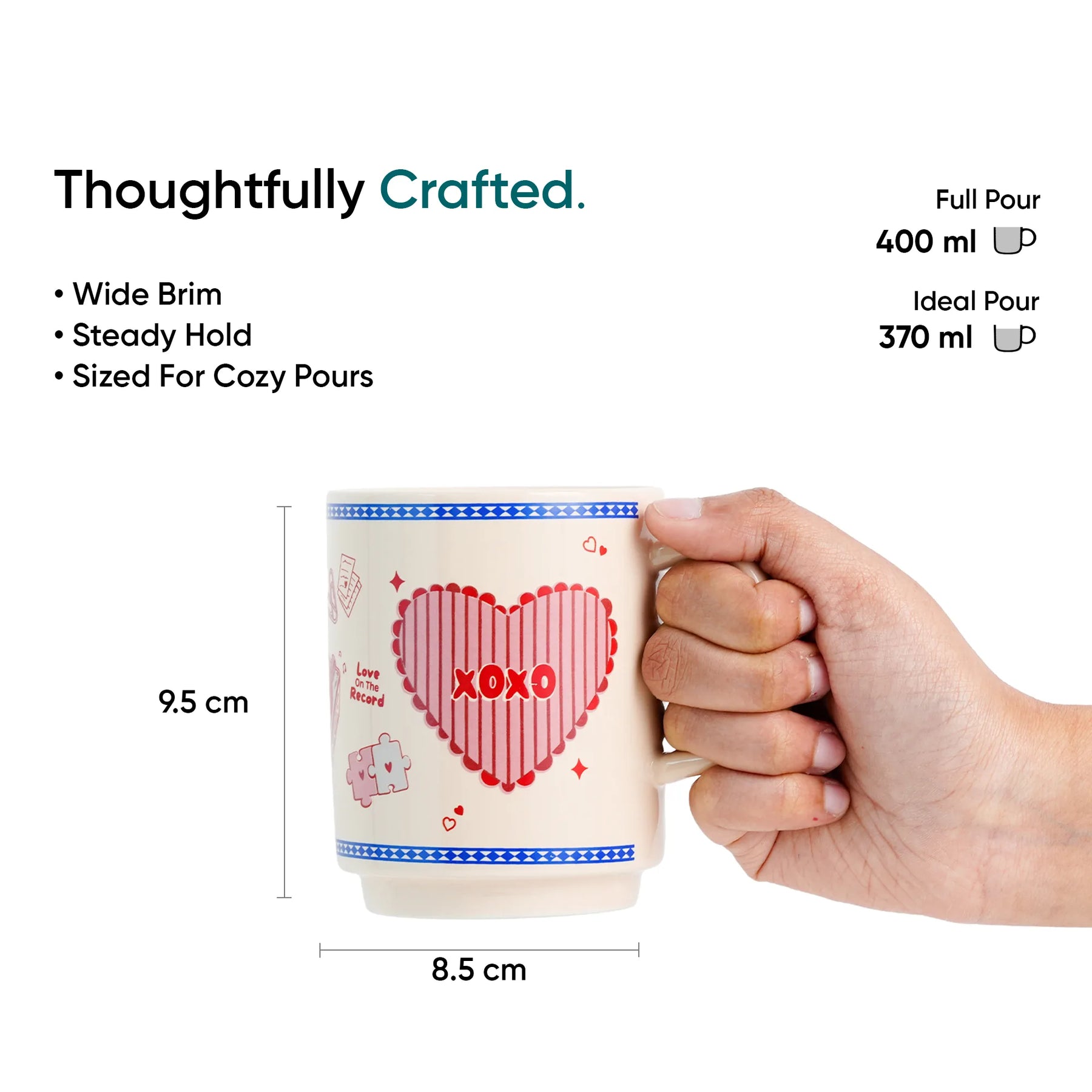 Premium Coffee Mug 370ml | XOXO Ceramic Coffee Cup | Glossy Love Mug
