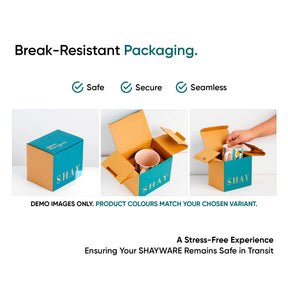 Advertisement for break-resistant packaging with SHAY branding, showing a box being opened.