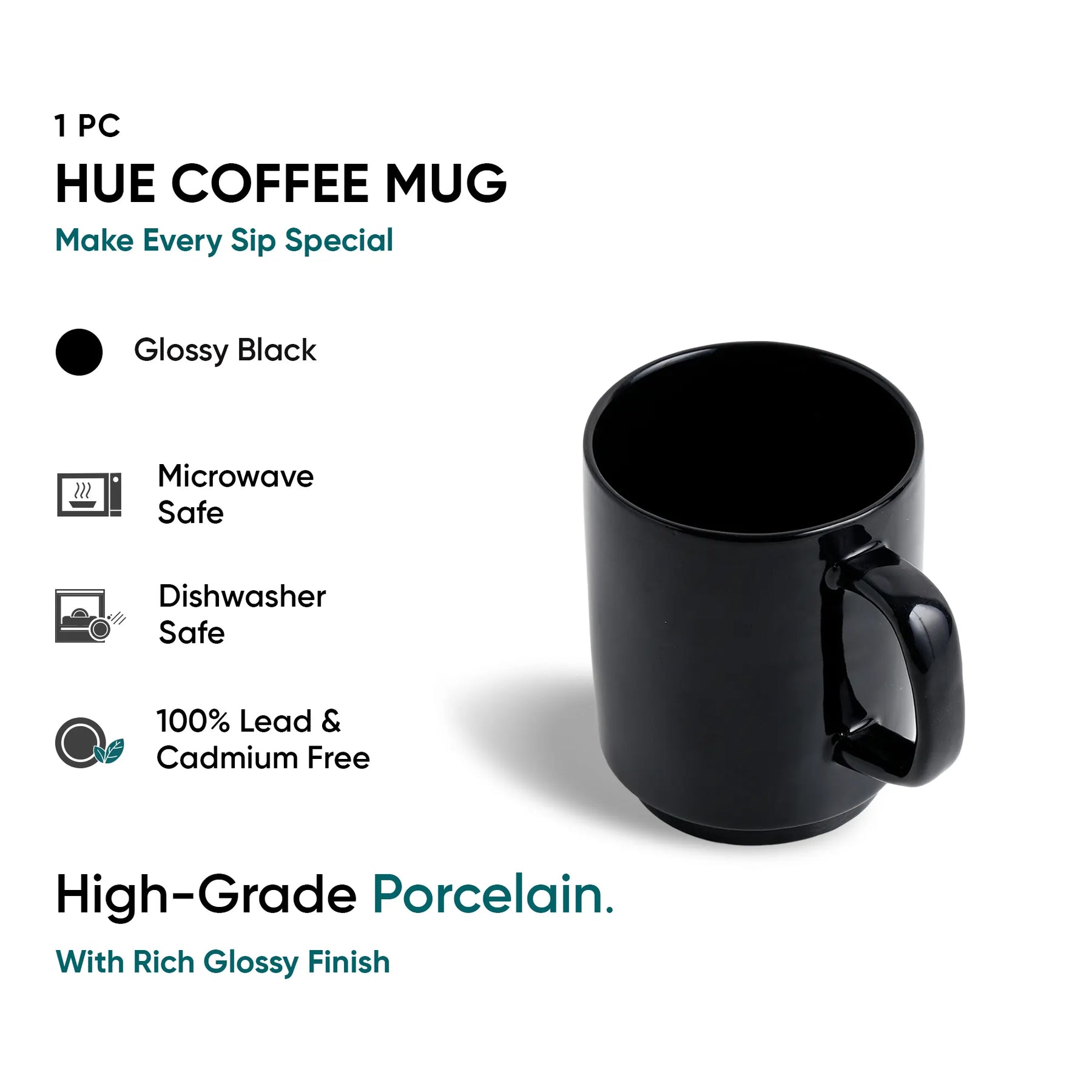 Black coffee mug with product details on a white background