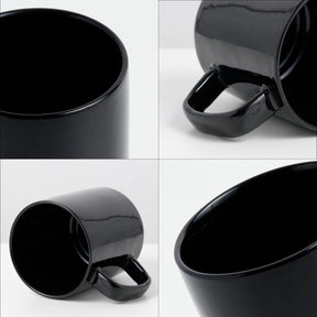 Black mug shown from multiple angles on a white background