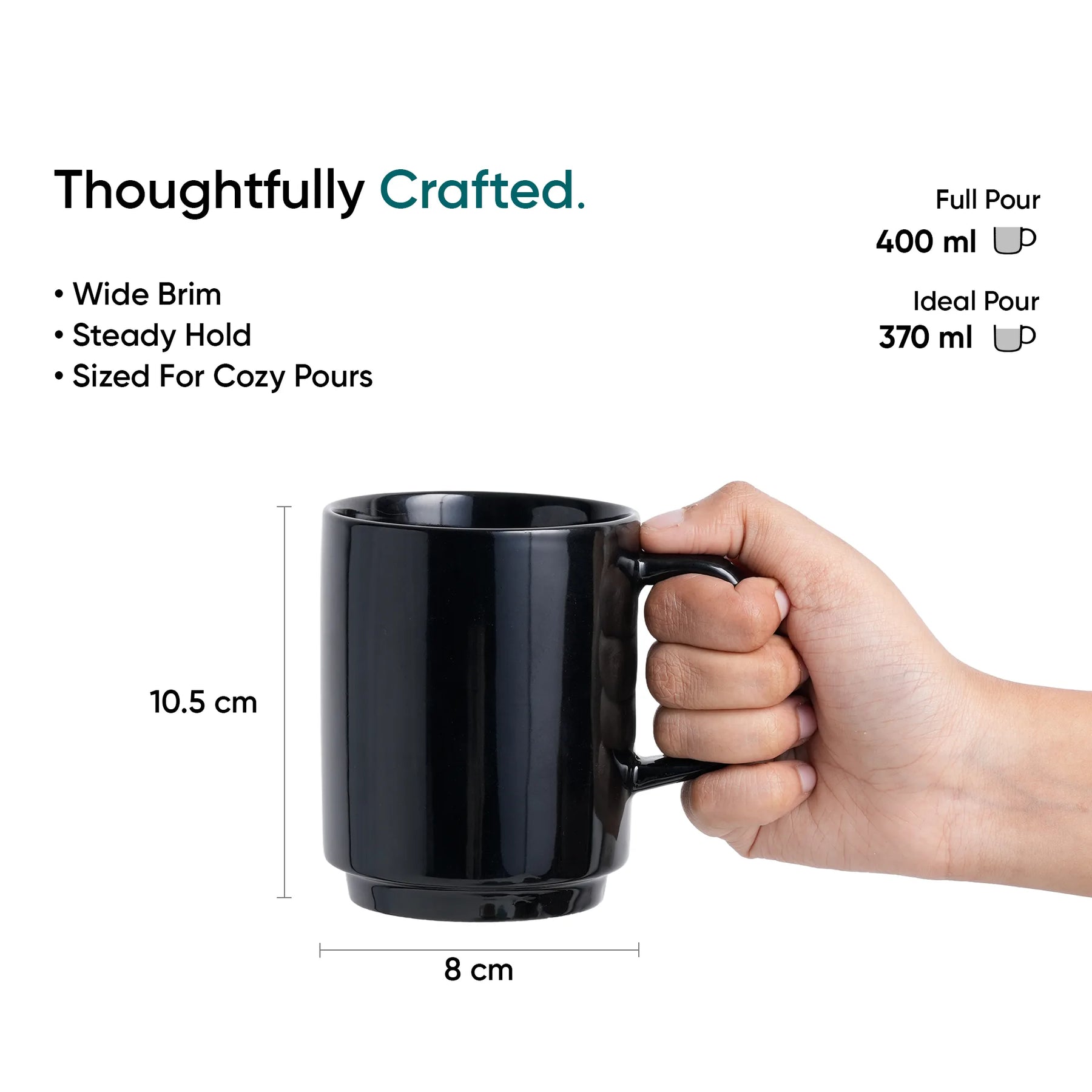 Black mug held by a hand with measurements and text about the mug's features on a white background.