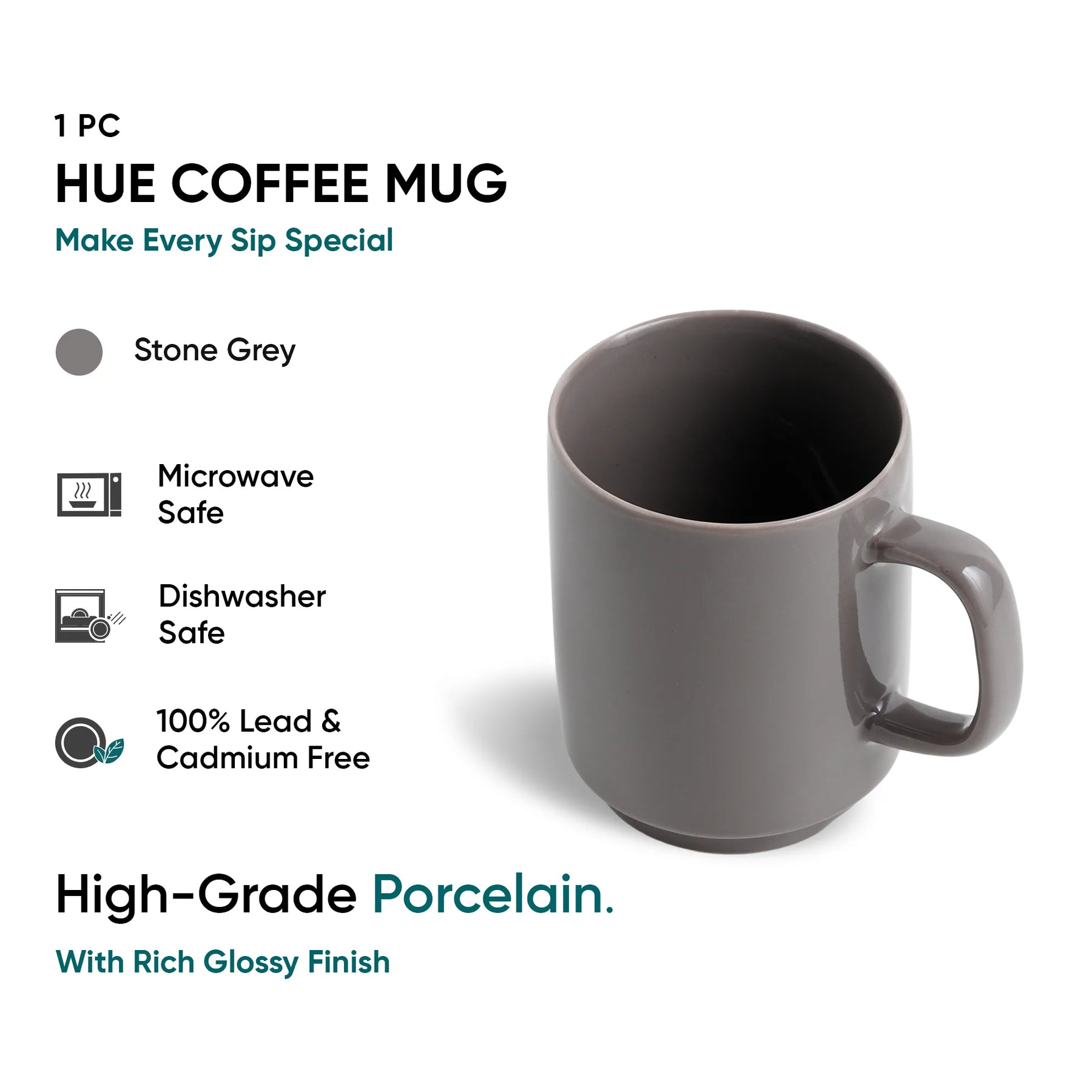 Stone Grey coffee mug with product details on a white background