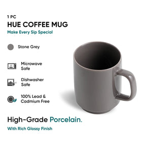 Stone Grey coffee mug with product details on a white background
