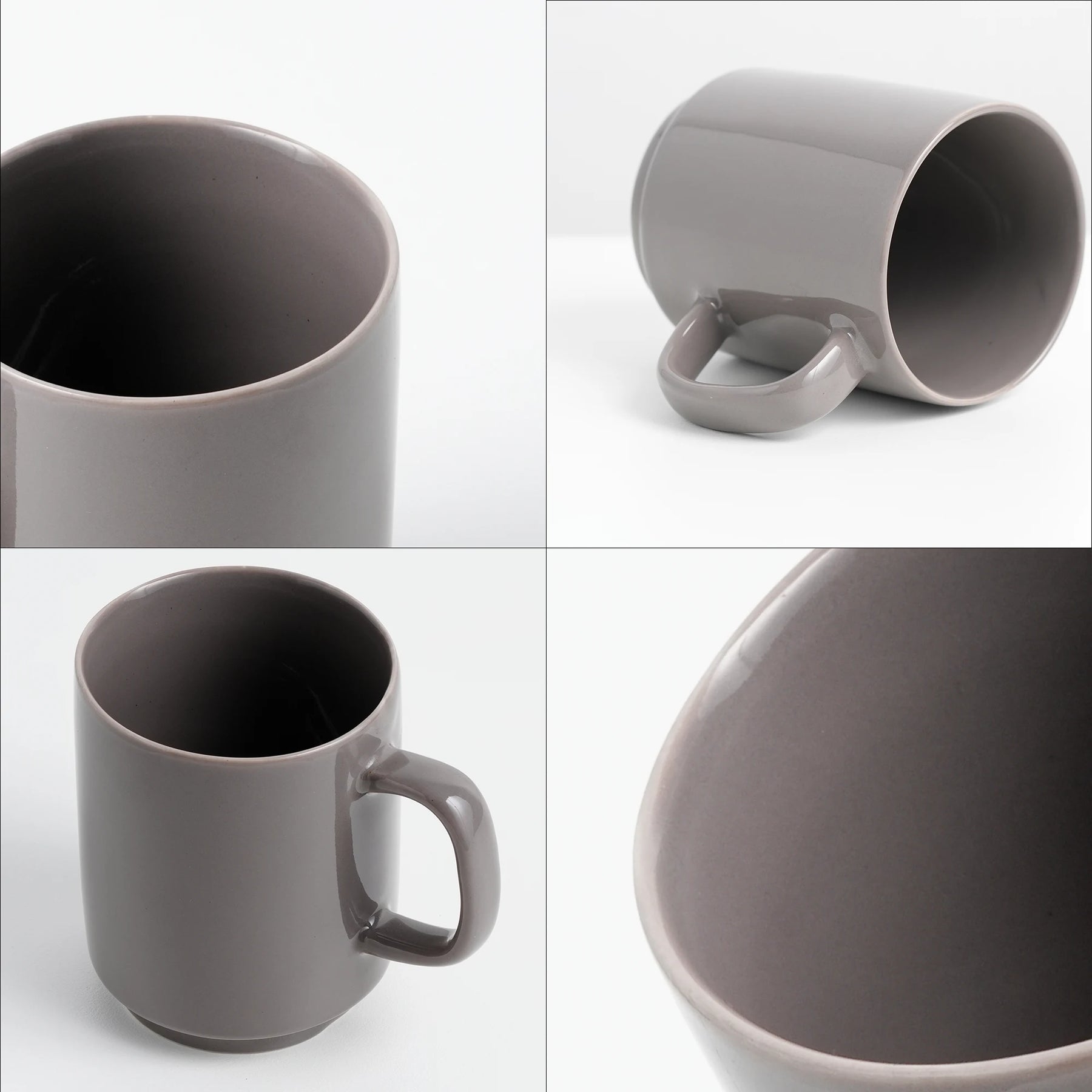 Gray mug shown from multiple angles on a white background