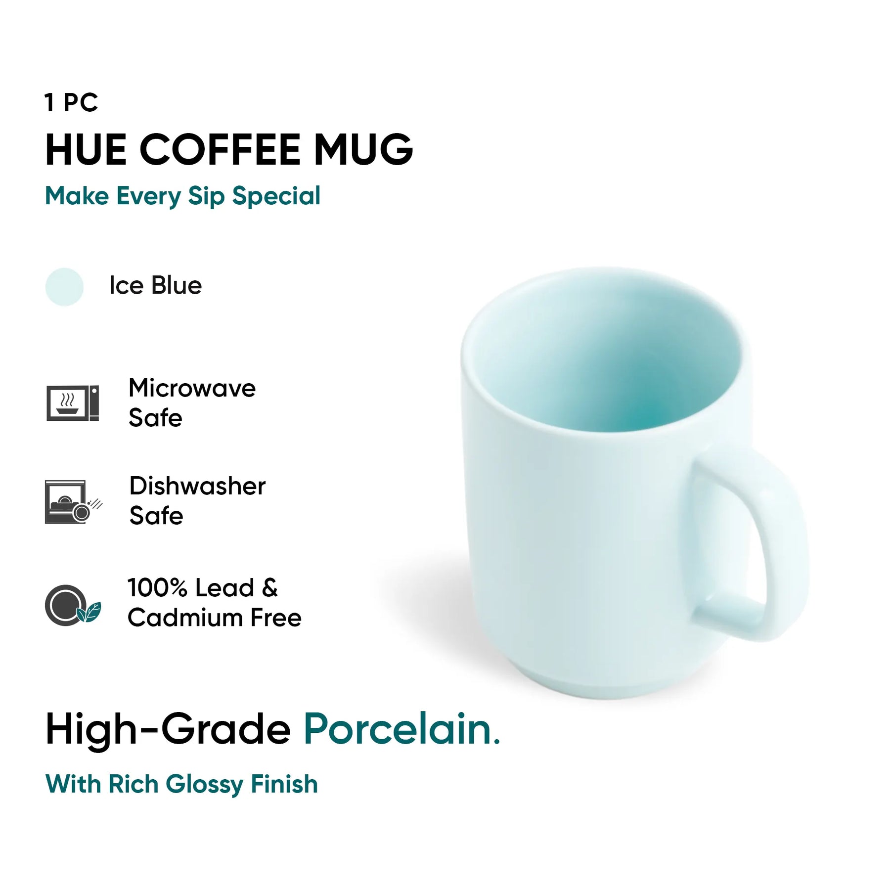 Ice blue coffee mug with product details on a white background
