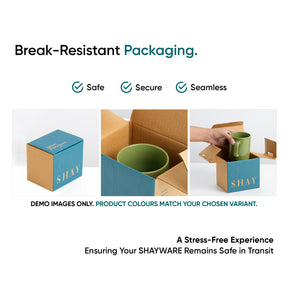 Advertisement for break-resistant packaging with SHAY branding, showing a box with a green mug.