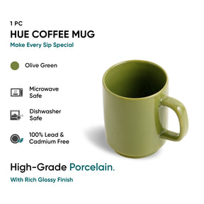 Green coffee mug with product details on a white background