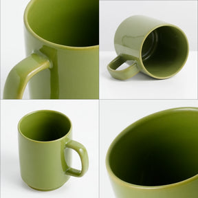 Green mug shown from multiple angles on a white background