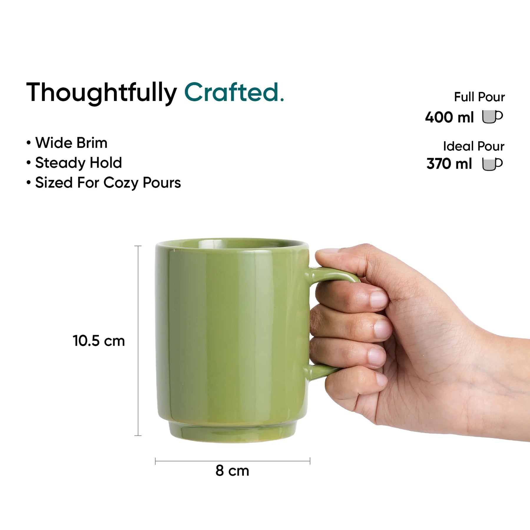 Green mug held by a hand with measurements and text on a white background