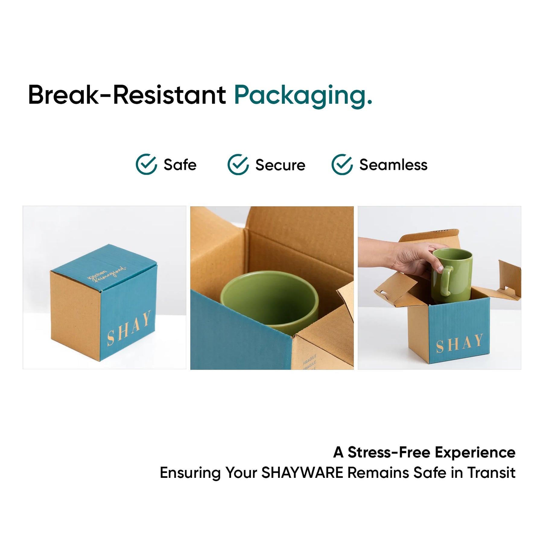 Advertisement for break-resistant packaging with SHAY branding, showing a box with a green mug and text about safety and security.