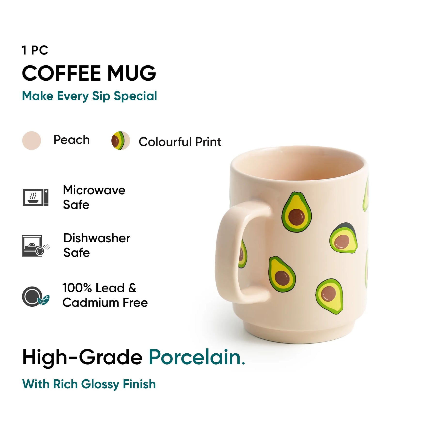 Coffee mug with avocado design on a white background
