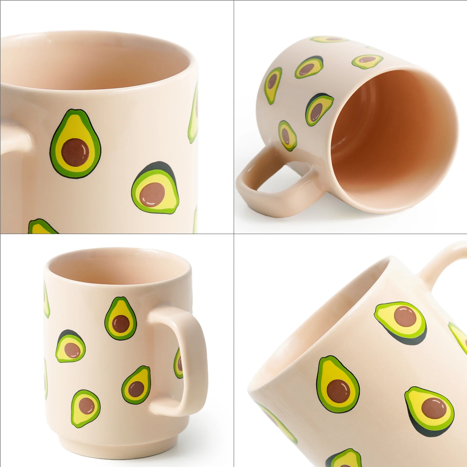 Beige mug with avocado pattern on a white background
