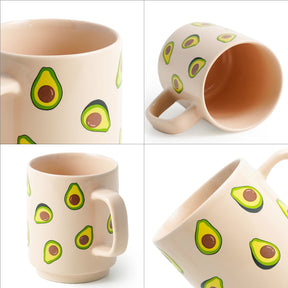 Beige mug with avocado pattern on a white background