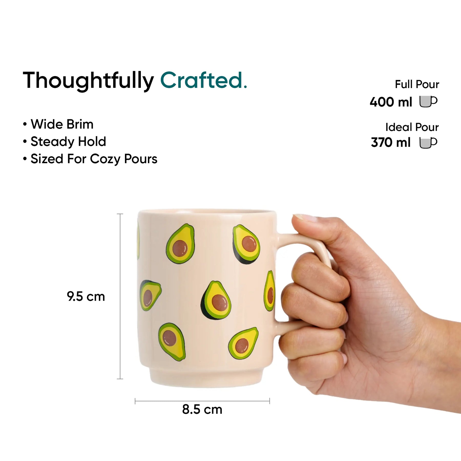 Mug with avocado design held by a hand, showing measurements and text about the mug's features.