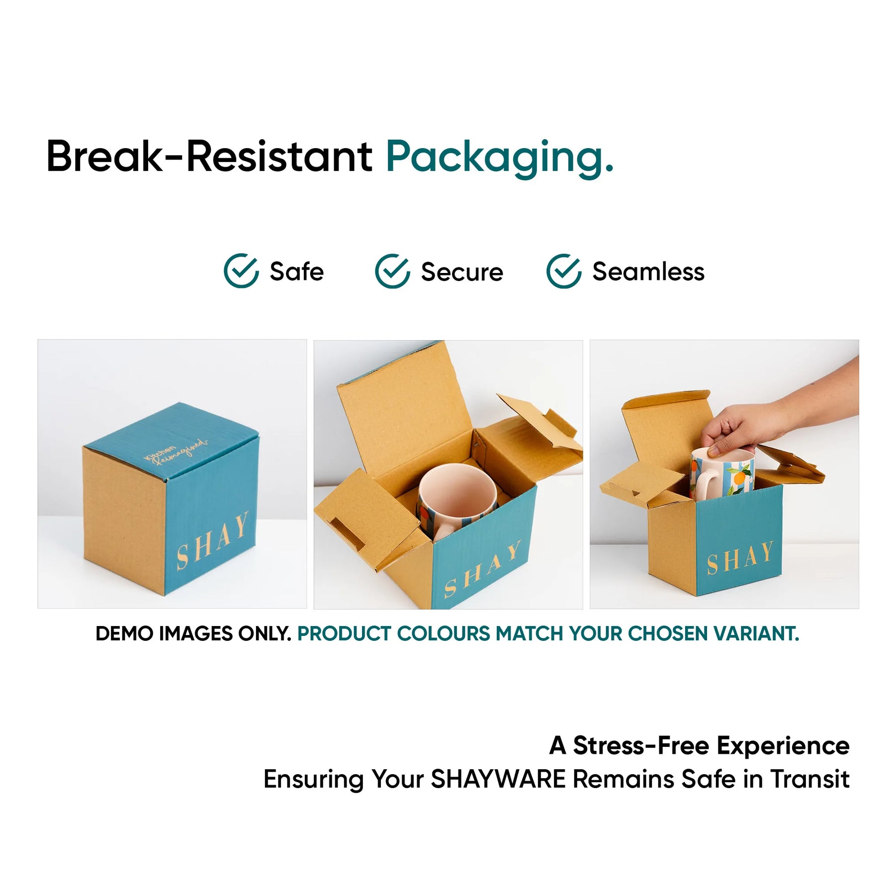 Advertisement for break-resistant packaging with SHAY branding, showing a blue box and open cardboard box with a cup.