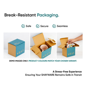 Advertisement for break-resistant packaging with SHAY branding, showing a blue box and open cardboard box with a cup.