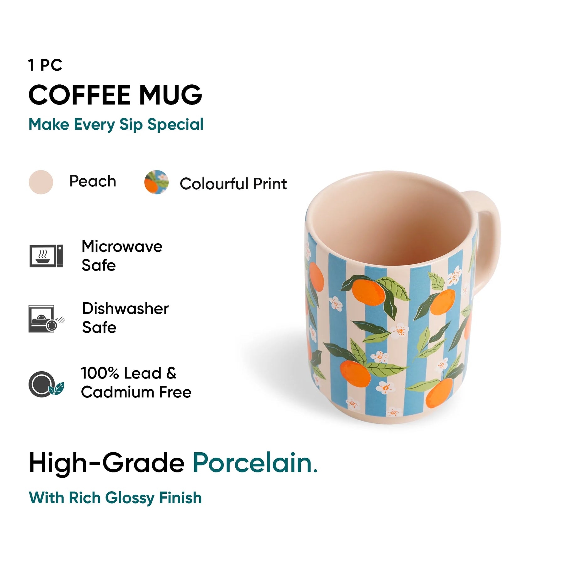 Coffee mug with colorful design on a white background