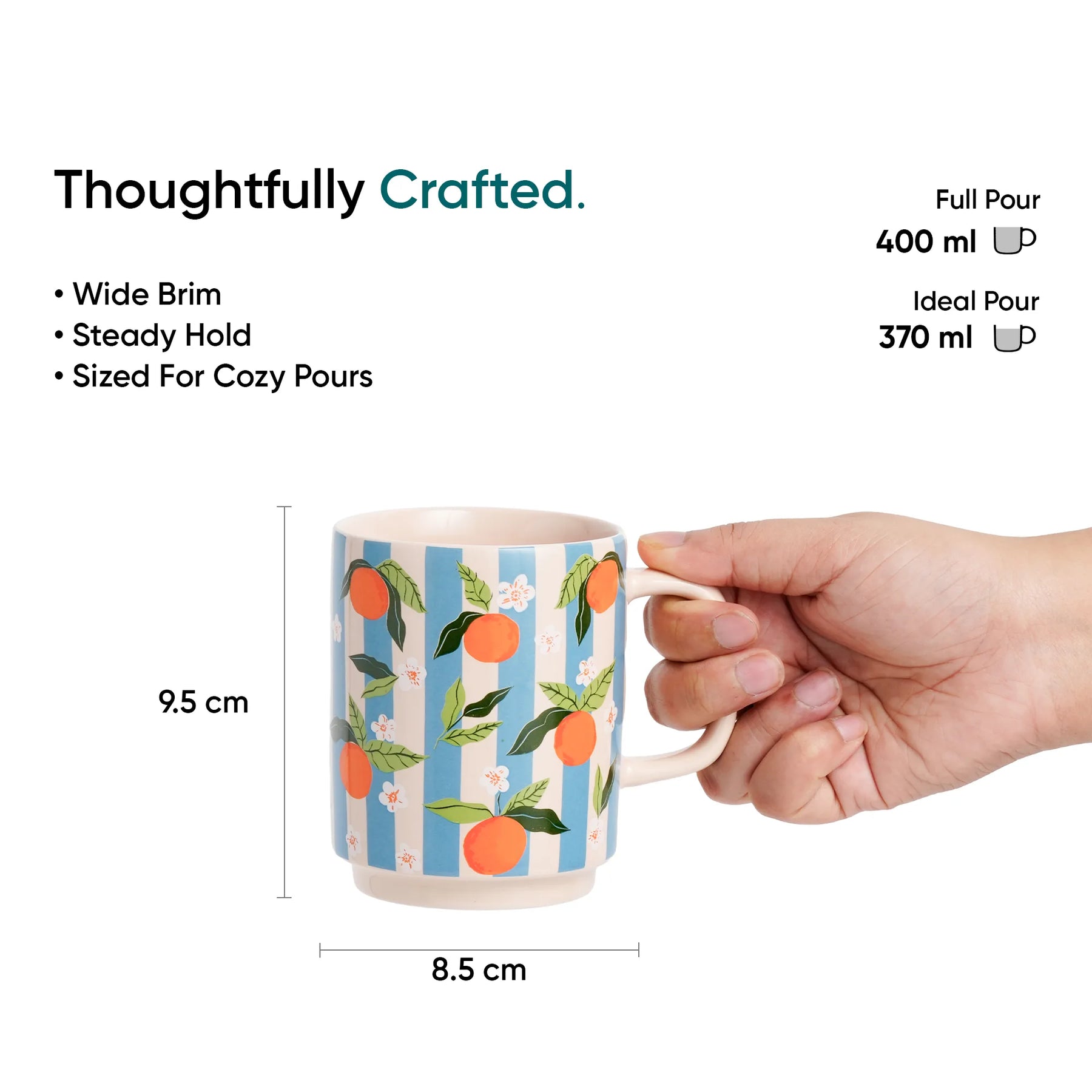Mug with orange design held by a hand, surrounded by text and measurements.