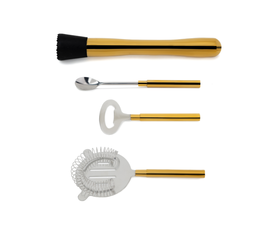 Bar Tool Set with Wooden Stand- 8-Piece, Bartender Kit : Shaker, Spoon, Jigger, Muddler, Strainer, Bottle Opener, Ice Scoop (Bar Tool Set)