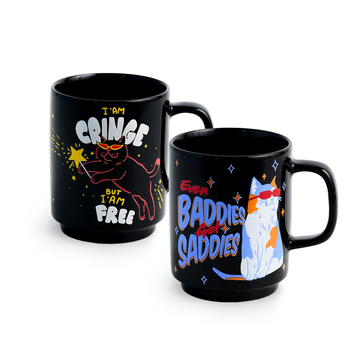 Ceramic Mug Set of 2 | Cringe Cat & Baddies Coffee Cups 300ml