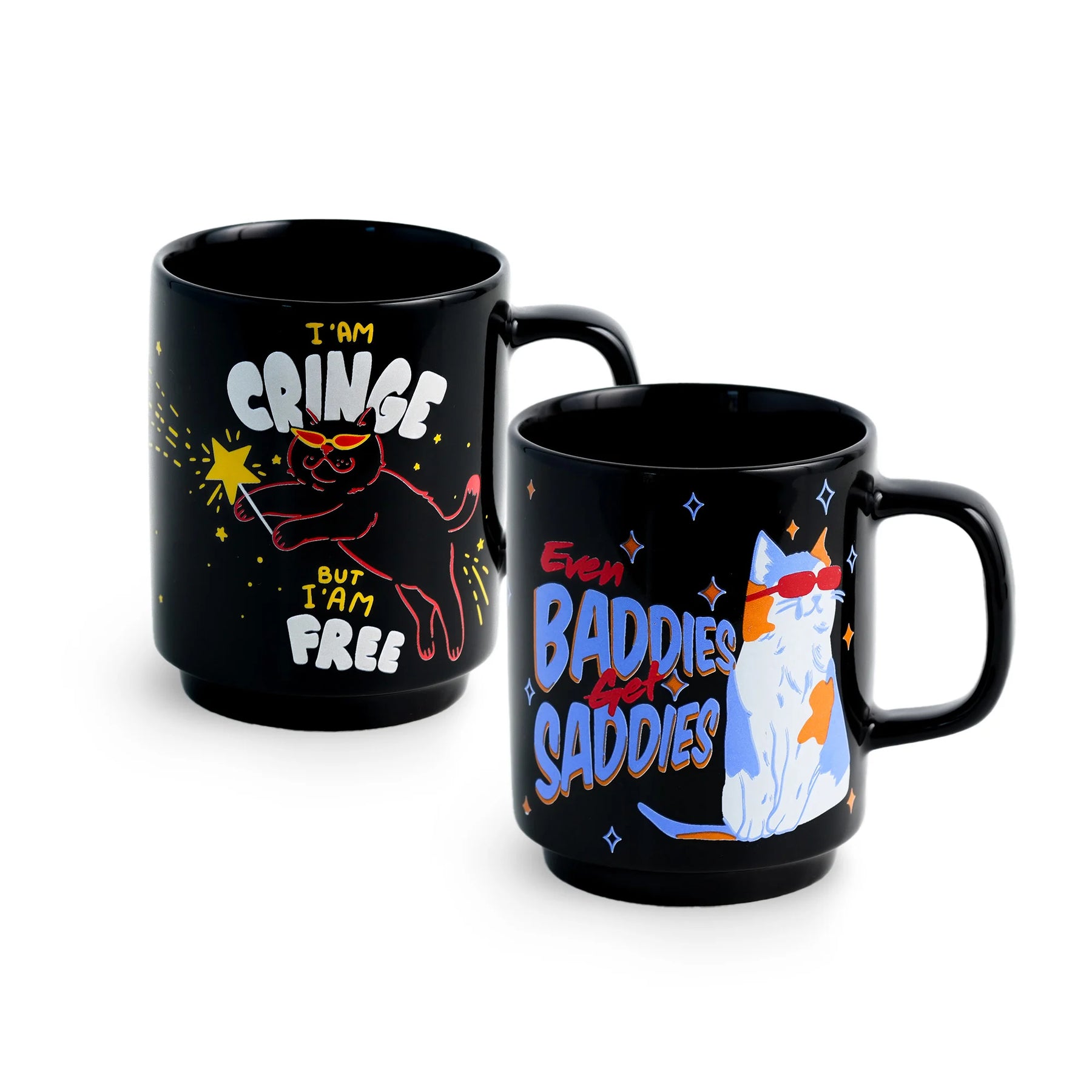 Ceramic Mug Set of 2 | Cringe Cat & Baddies Coffee Cups 300ml