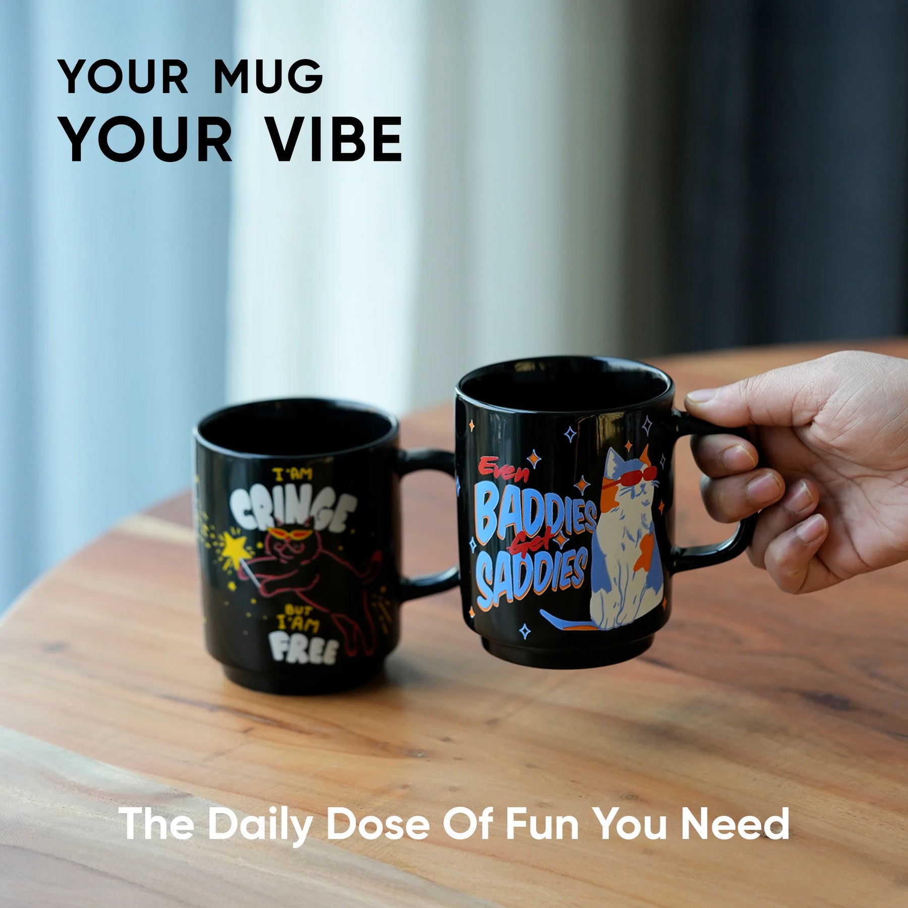 Ceramic Mug Set of 2 | Cringe Cat & Baddies Coffee Cups 300ml