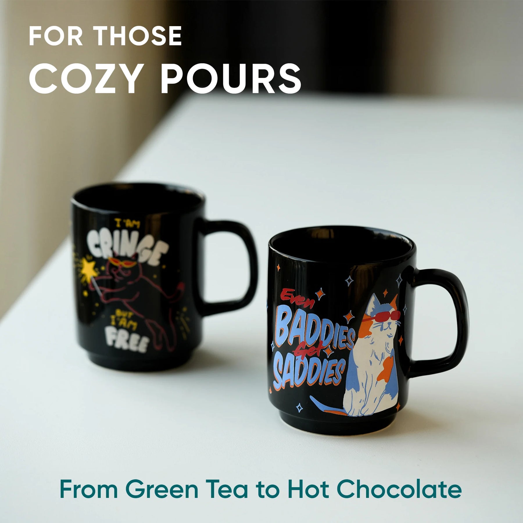 Ceramic Mug Set of 2 | Cringe Cat & Baddies Coffee Cups 300ml