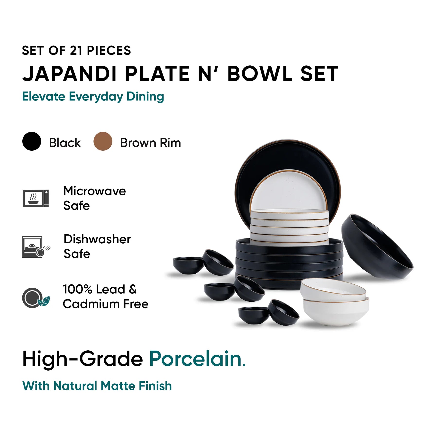 Set of 21 pieces Japandi plate and bowl set with black and brown rim on a white background.