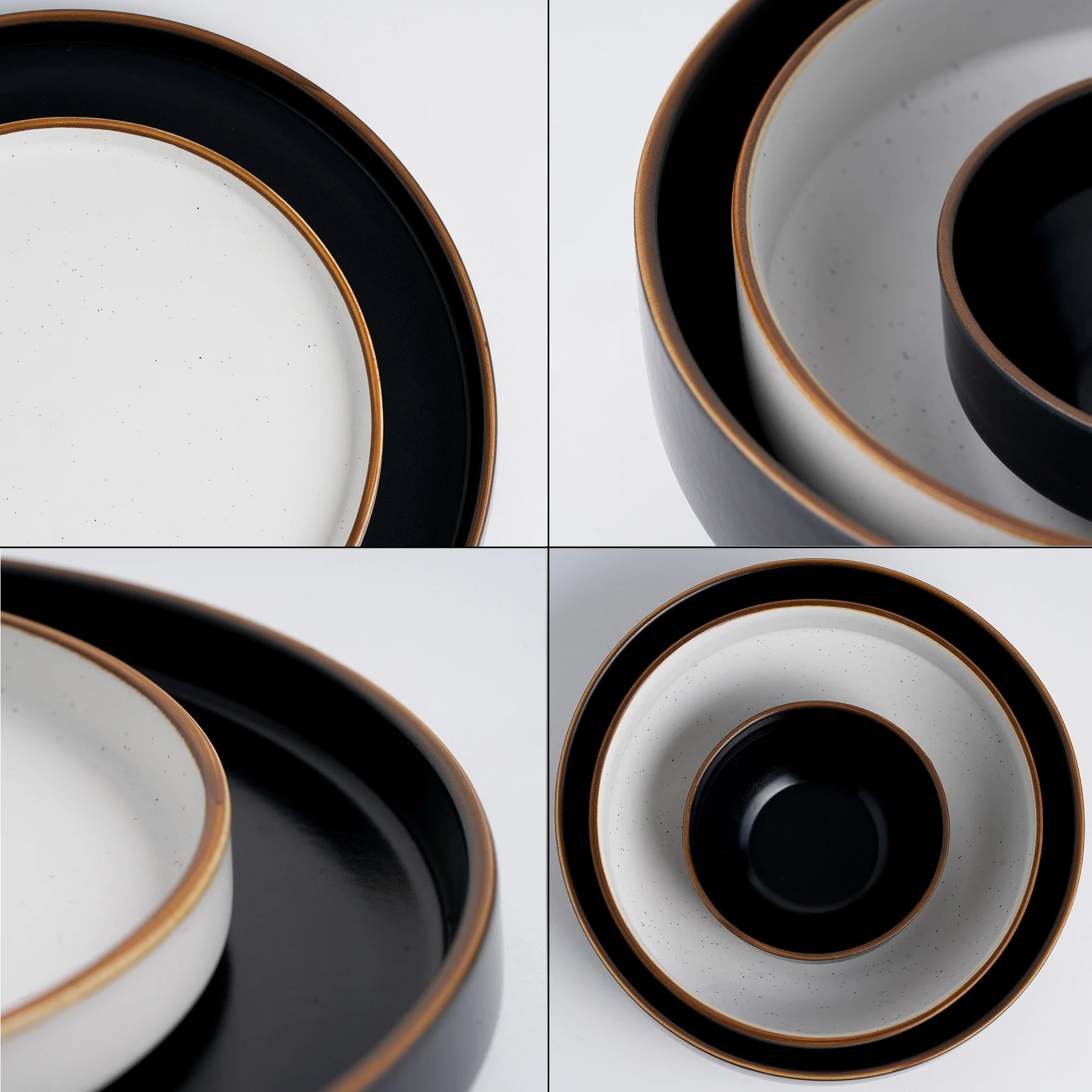 Set of ceramic plates with black and gold rims on a white background