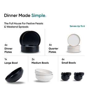 Dishware set with dinner plates, quarter plates, a large bowl, medium bowls, and small bowls on a white background.