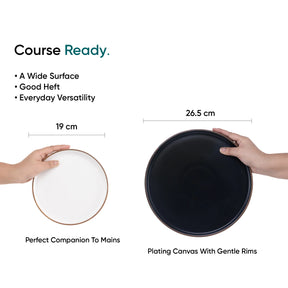 Two hands holding a white plate and a black platter with measurements and text on a white background.