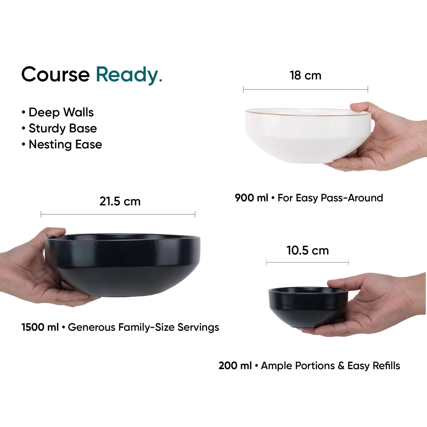 Three bowls of different sizes held by hands with measurements and text on a white background.