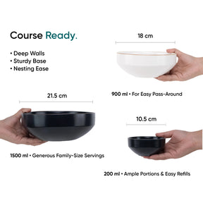 Three bowls of different sizes held by hands with measurements and text on a white background.