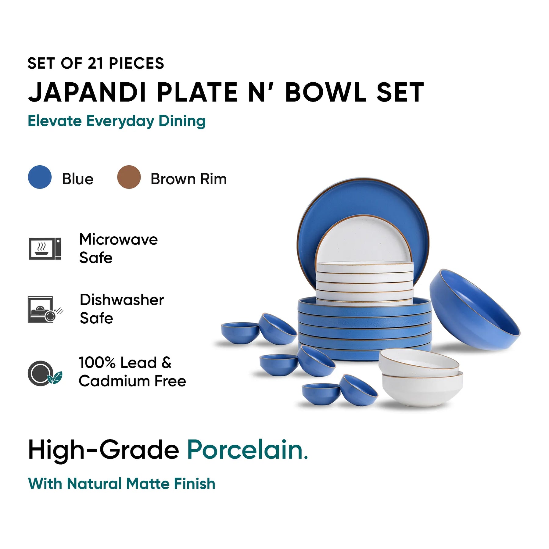 Set of 21-piece Japandi plate and bowl set with blue and brown rim on a white background.